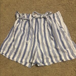Blue and White High Waist Striped Shorts